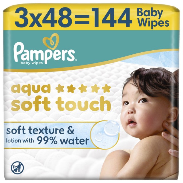 Pampers  Aqua Soft Touch Μωρομάντηλα  3 Συσκευασίες x 48 Μωρομάντηλα (144 Τεμάχια)