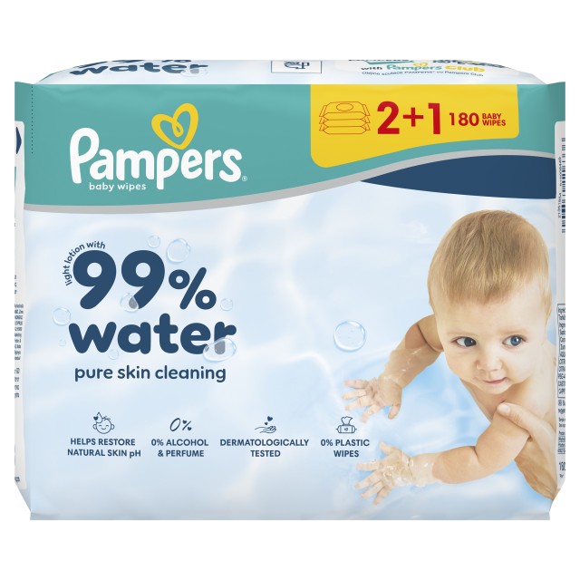 Pampers 99% Water Μωρομάντηλα - 3 Συσκευασίες x 60 Μωρομάντηλα (180 τεμάχια)