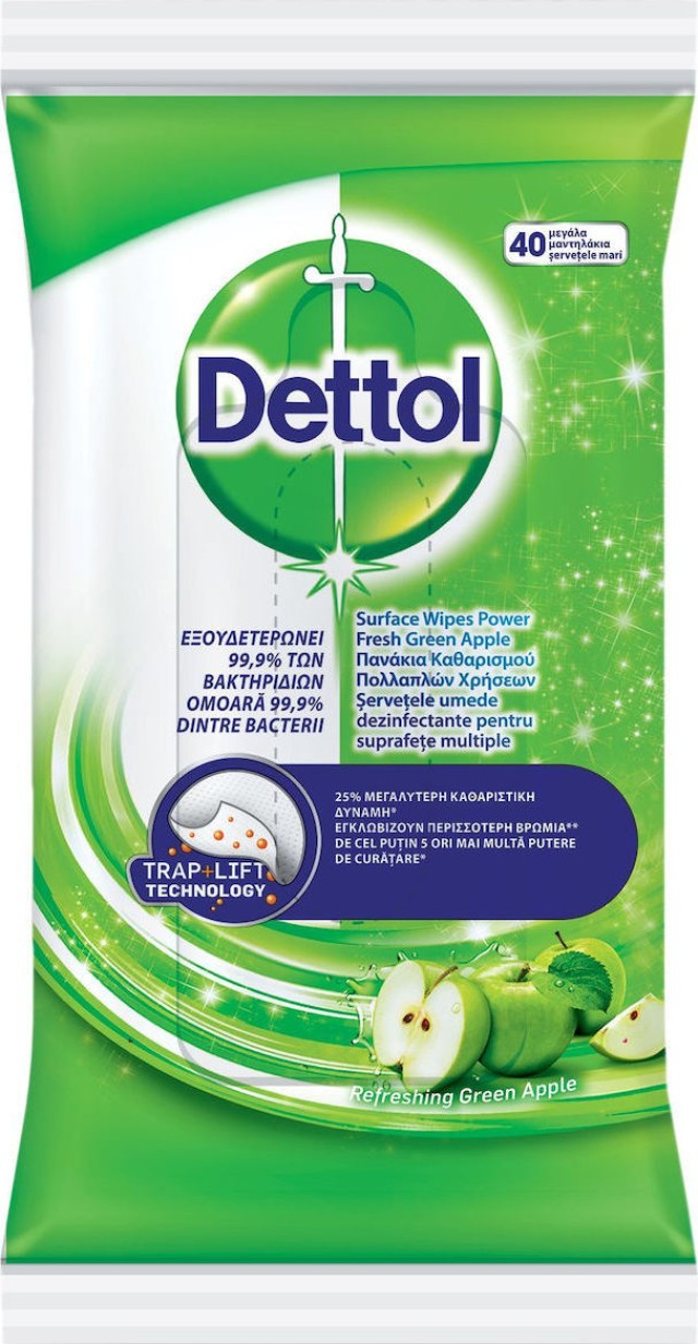 Dettol Αντιβακτηριδιακά Μαντηλάκια Καθαρισμού Επιφανειών Πράσινο Μήλο, 40τεμ