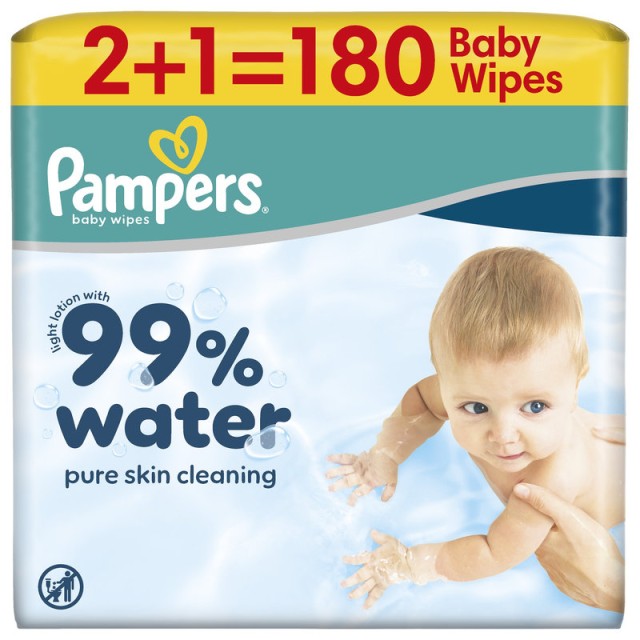 Pampers 99% Water Μωρομάντηλα 3 Συσκευασίες x 60 Μωρομάντηλα (180 τεμάχια)