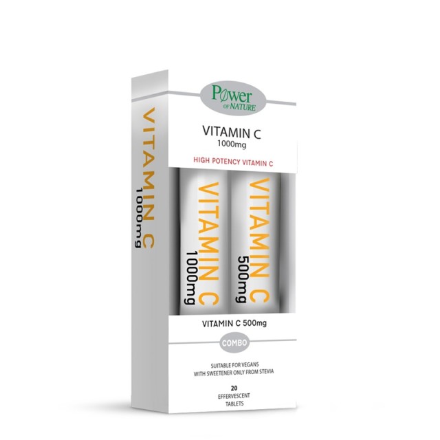 Power Of Nature Vitamin C 1000mg Στέβια 20 αναβράζοντα δισκία & Vitamin C 500mg Στέβια 20 αναβράζοντα δισκία