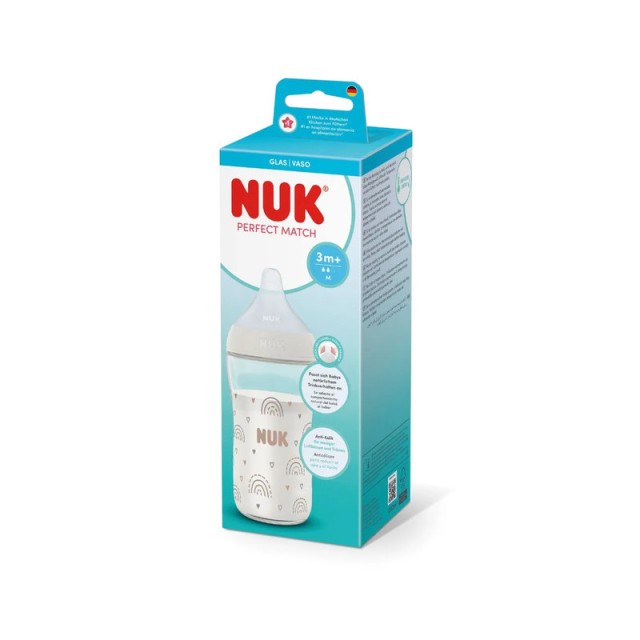 Nuk Perfect Match Γυάλινο Μπιμπερό με Θηλή Σιλικόνης και  Δείκτη Ελέγχου Θερμοκρασίας Ουράνιο Τόξο 3m+ 230ml