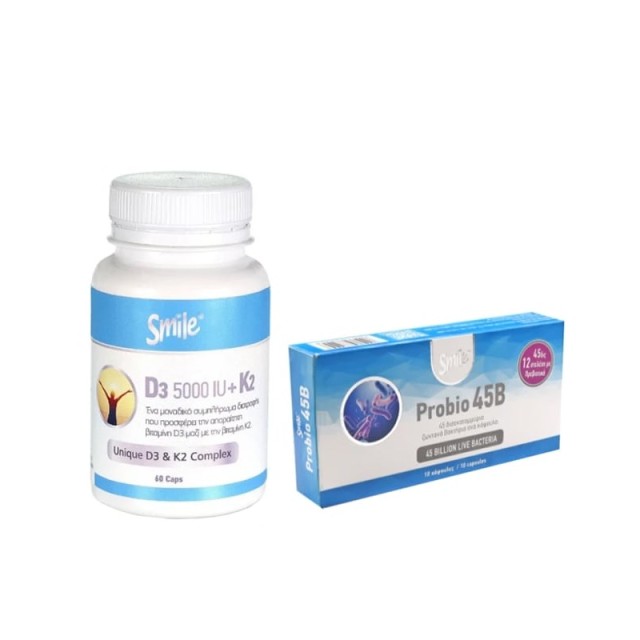 AM Health Promo Smile Συμπλήρωμα Διατροφής D3 5000IU + K2 60 κάψουλες & Probio 45B Προβιοτικά 10 κάψουλες