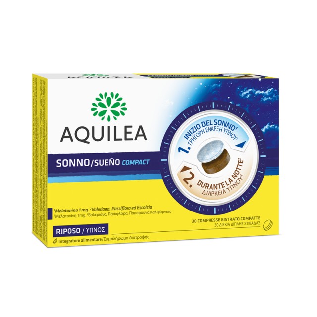 Aquilea Sueno Compact Συμπλήρωμα Διατροφής με Μελατονίνη 1mg για Χαλάρωση & Ύπνο 30 δισκία