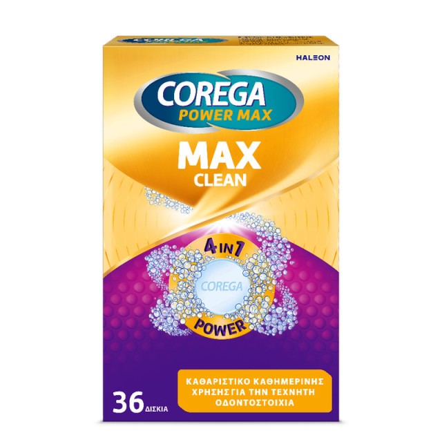 Corega Max Clean Καθαριστικά Δισκία για Τεχνητές Οδοντοστοιχίες με Περισσότερο Ενεργό Οξυγόνο 36 Δισκία