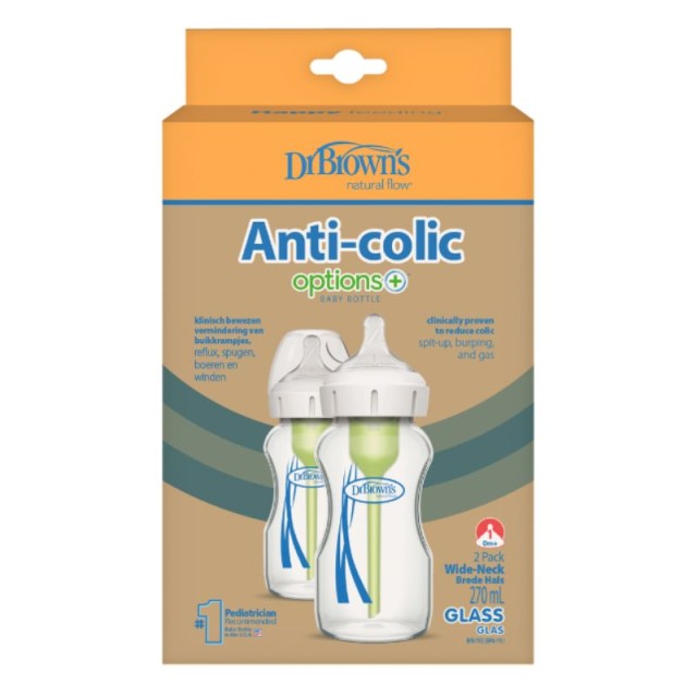 Dr. Browns Σετ Γυάλινα Μπιμπερό Options+ Wide Neck κατά των Κολικών με Θηλή Σιλικόνης για 0+ μηνών Διάφανο 2χ270ml
