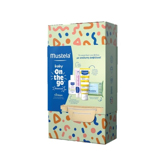 Mustela Promo Baby on the Go με Αντηλιακό Προσώπου SPF50+ 40ml, Κρέμα Αλλαγής Πάνας 50ml, Μωρομάντηλα 60 τεμαχίων & Δώρο Καθαριστικό Γαλάκτωμα Αλλαγής Πάνας 50ml  & Τσαντάκι