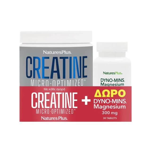 Natures Plus Promo Creatine Monohydrate Powder Μονοϋδρική Κρεατίνη Χωρίς Γεύση 330gr & Δώρο Natures Plus Dyno Mins Magnesium 300mg  30 ταμπλέτες